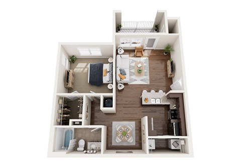 A dollhouse floor plan with rooms including a kitchen, living room, and bathroom.